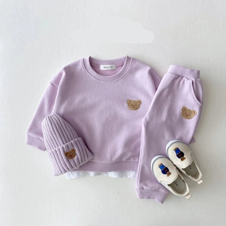 Bear Print Sweatshirt & Pants Set - Purple