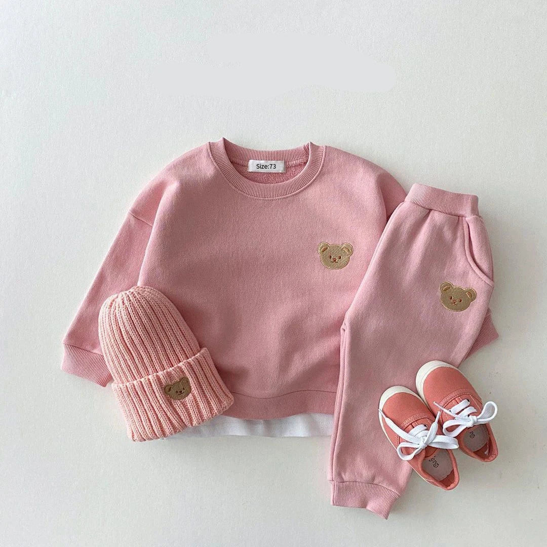 Bear Print Sweatshirt & Pants Set - Pink