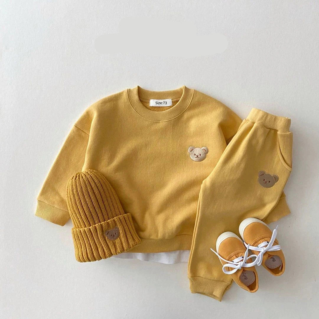 Bear Print Sweatshirt & Pants Set - Yellow